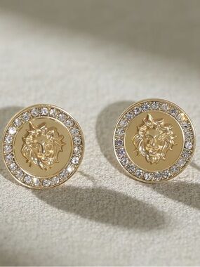Gold Medallion Lion Stud Earrings with Crystal Halo